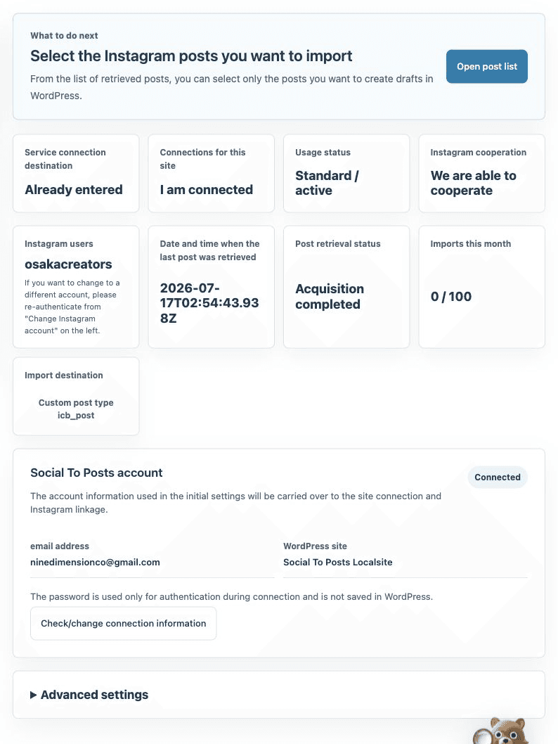 Social To Posts dashboard in English