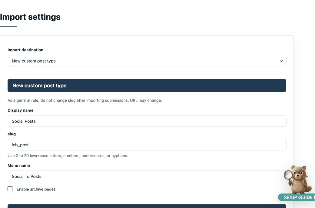 Import destination and custom post type settings
